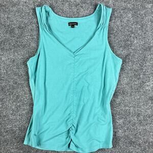 New Frontier Ruched Sleeveless Tank Top Womens Size S Green V-Neck‎ Stretch